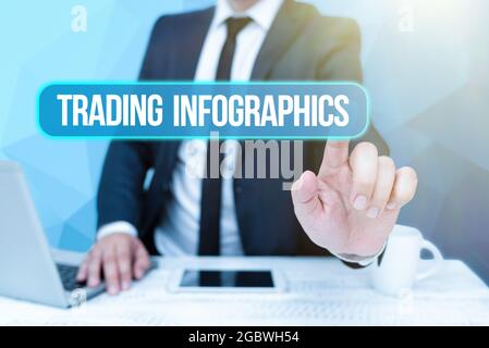 Text mit Inspiration Trading Infografiken. Internet-Konzept visuelle Darstellung von Handelsinformationen oder Daten Business man Sitting Desk Laptop Stockfoto