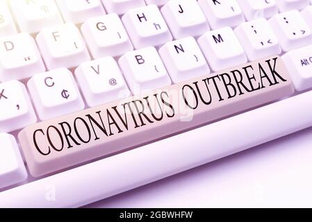 Textüberschrift über den Ausbruch des Coronavirus. Geschäftsansatz Infektionskrankheit, die durch neu entdeckten COVID19 beim Online-Kauf und -Verkauf von Waren verursacht wird Stockfoto