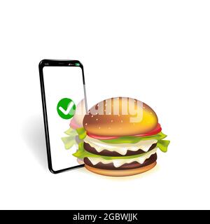 Vektordarstellung der Bestellung eines Burger mit Ihrem Smartphone, Burger in Ihrem Telefon Stock Vektor