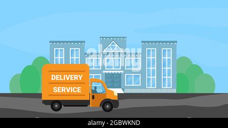 Gelber Lieferwagen in der Stadtvektordarstellung. Transport von Waren. Lieferdienstkonzept. Stock Vektor
