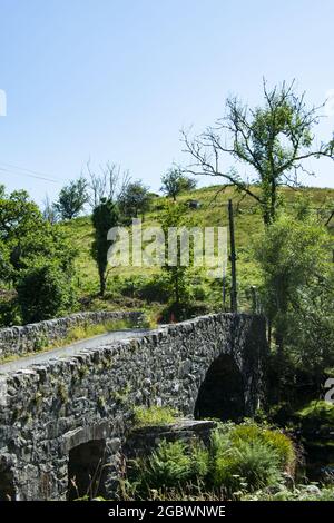 Alte Steinbrücke, Fluss Dwyfor, Snowdonia, Wales. Einfache, historische Struktur. Gewölbtes Design. Ländliche Landschaft. Vertikale Aufnahme. Blauer Himmel und Kopierbereich Stockfoto