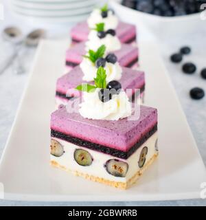 Zarter Käsekuchen mit Vanille und Heidelbeer-Mousse. No-Bake-Kuchen mit Heidelbeeren und Schlagsahne. Stockfoto