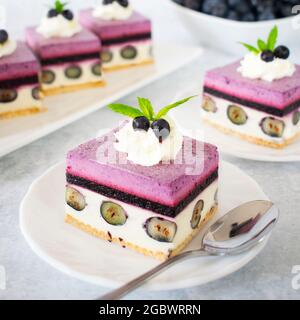 Zarter Käsekuchen mit Vanille und Heidelbeer-Mousse. No-Bake-Kuchen mit Heidelbeeren und Schlagsahne. Stockfoto