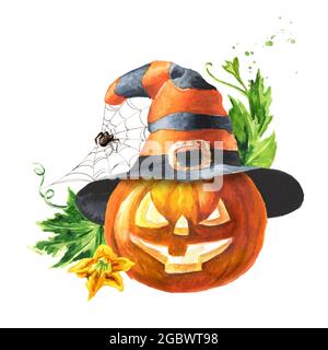 Halloween Kürbis im Hut, Kopf Jack Laterne, mit Spinnennetz. Handgezeichnete Aquarellillustration, isoliert auf weißem Hintergrund Stockfoto