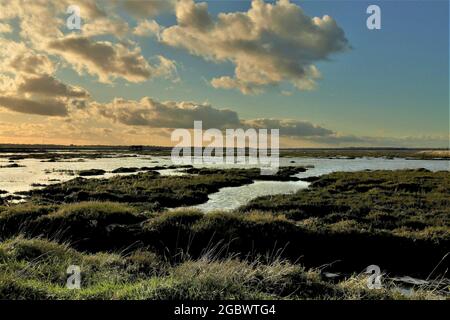 SONNENUNTERGANG ÜBER DEM WATTENMEER UND DEN SÜMPFEN DES FLUSSES IN NORTH FAMBRIDGE ESSEX UK Stockfoto