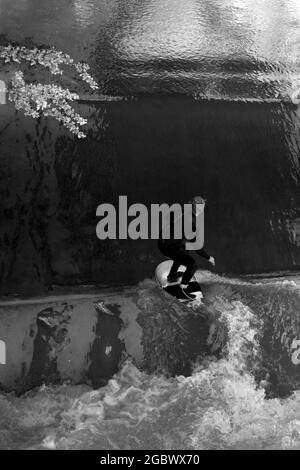 Ein junger Mensch auf einem Surfbrett, der auf den Wellen eines Flusses reitet Stockfoto