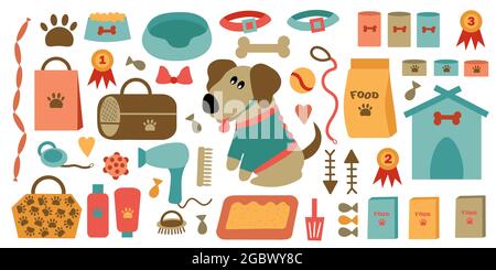 Ein Zubehörsatz für die Pflege und Pflege von Haustieren. Niedlicher Hund in der Kleidung. Stock Vektor