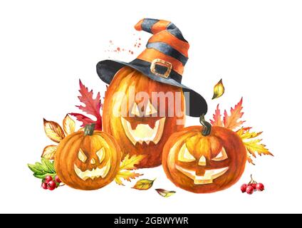 Halloween Kürbisse mit Herbstblättern. Handgezeichnete Aquarellillustration, isoliert auf weißem Hintergrund Stockfoto