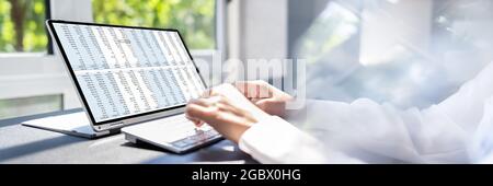 Frau, Die Mit Elektronischen Tabellenberichten Auf Dem Bildschirm Arbeitet Stockfoto