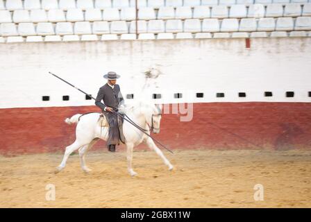 Garrocha Reiten in Spanien in der Nähe von Sevilla auf einem Bauernhof Stockfoto