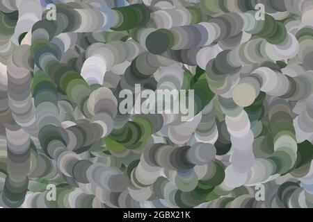 Abstrakte Linien, die aus mehrfarbigen Punkten mit verschiedenen Formen bestehen. Schattierungen von Grün und Grau. Abstrakter Hintergrund. Stockfoto