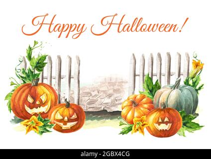 Happy Halloween Karte mit Kürbissen. Handgezeichnete Aquarelldarstellung isoliert auf weißem Hintergrund Stockfoto