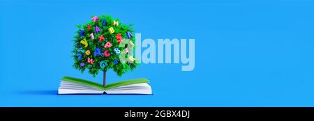 Der Baum mit Buchstaben und Zahlen wächst aus dem offenen Buch. Bildung und Wissen Konzept 3d Rendern 3d-Illustration Stockfoto