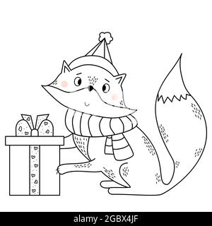 Fuchs in einem Schal und einem Hut mit einem großen Geschenk. Winter Charakter - niedlichen wilden Tier in Kleidung. Vektordarstellung. Linie, Umriss. Für Kindersammlung Stock Vektor