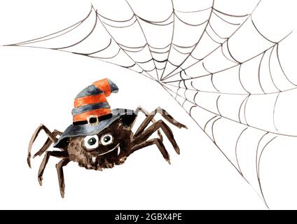 Spinne mit Netz. Handgezeichnete Aquarellillustration, isoliert auf weißem Hintergrund Stockfoto