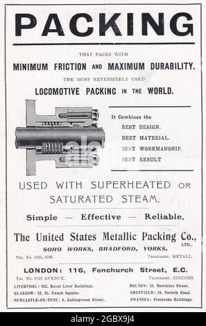 Vintage-Werbung für Locomotive Packing - The United States Metallic Packing Co. Ltd. 1923. Stockfoto