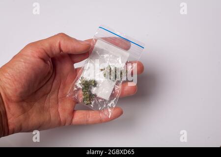 Ein Paket mit illegalem Cannabis in der Hand. Medizinisches Marihuana zur verschreibungspflichtigen Behandlung. Drogenhändler verkauft Marihuana-Süchtige. Stockfoto