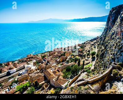 Blick auf das Stadtbild von Monemvasia, Peloponnes, Griechenland Stockfoto