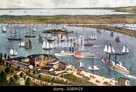 1880ER JAHRE OBERE UND UNTERE BUCHT VON NEW YORK VON DER BATTERIE NACH SÜDWESTEN SCHAUEN - CURRIER & IVES LITHOGRAPHIE - KA6482 LAN001 HARS OBERE BATTERIE LITHOGRAPHIE NYC DAMPFBOOTE NEW YORK 1880ER JAHRE STÄDTE NEW YORK STADT SÜDWESTEN BURG CLINTON SCHLOSS GARTENHANDEL CURRIER IVES SCHONERS VERSAND LUFTAUFNAHME ALTMODISCH Stockfoto