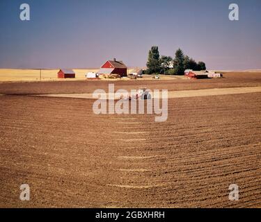 80S TRAKTOR PFLÜGEN FELD MIT LANDWIRTSCHAFTLICHEN GEBÄUDEN IM HINTERGRUND EASTERN WASHINGTON STATE USA - KF10488 CPE001 HARS PFLÜGEN BERUFE IMMOBILIENSTRUKTUREN GEBÄUDE BUKOLISCHES WACHSTUM LEHM SCHEUNEN ALTMODISCHE NEBENGEBÄUDE WA Stockfoto