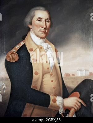 1790ER JAHRE PORTRÄT GENERAL GEORGE WASHINGTON IN UNIFORM BLICK AUF DIE KAMERA IN PRINCETON VON CHARLES PEALE POLK - KH850 LAN001 HARS PERSONEN INSPIRATION VEREINIGTE STAATEN VON AMERIKA MÄNNER VERTRAUEN SENIOR MANN SENIOR ERWACHSENEN NORDAMERIKA AUGENKONTAKT FREIHEIT NORDAMERIKA KRIEGE STRATEGIE MUT FÜHRUNG POLITIKER 1776 AUTORITÄT BERUFE PATRIOT POLITIK UNIFORMEN KRIEG DER UNABHÄNGIGKEIT PRINCETON ÖLGEMÄLDE POLK REVOLUTIONÄRER KRIEG STILVOLL GEORGE WASHINGTON REVOLTE AMERICAN REVOLUTIONARY WAR 1770ER CHARLES COLONIES STAATSMANN 1700S 1790ER KAUKASISCHE ETHNIE GRÜNDUNGSVATER ALTMODISCHE PEALE VIRGINIAN Stockfoto