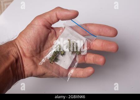 Ein Paket mit illegalem Cannabis in der Hand. Medizinisches Marihuana zur verschreibungspflichtigen Behandlung. Drogenhändler verkauft Marihuana-Süchtige. Stockfoto