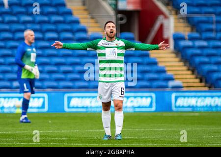 Jon Routledge von The New Saints in Aktion. The New Saints gegen FC Viktoria Plzeň in der 3. Qualifikationsrunde der UEFA Europa Conference League in Cardiff Stockfoto