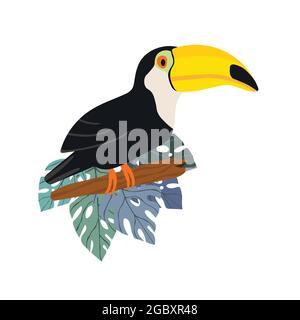 Niedlichen Cartoon Tukan Vogel auf Zweig. Vektor Stock Illustration für Einladungen, Karte, Poster. Sommerlicher exotischer Druck. Tropisches Tukan-Symbol mit Blumen Stock Vektor