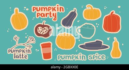 Set von Herbst-Sticker mit Kürbissen, Kaffee und Kuchen. Kürbis Latte, Schriftzug, niedliche Illustration. Stock Vektor