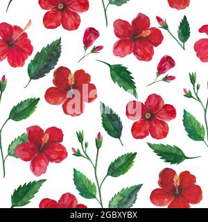 Wasserfarbenes, nahtloses tropisches Muster mit Hibiskus-Senkung für Design und Textil. Stockfoto