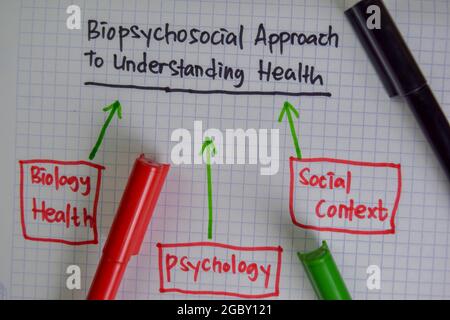 Biopsychosozialer Ansatz zum Verständnis der Gesundheitsmethode Schreiben Sie auf ein Buch mit Schlüsselwörtern isoliert auf Holztisch. Diagramm- oder Mechanismuskonzept Stockfoto