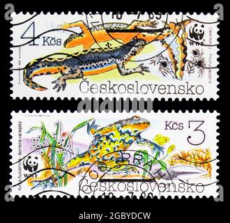 MOSKAU, RUSSLAND - 26. NOVEMBER 2017: Zwei in der Tschechoslowakei gedruckte Briefmarken aus der Nature Protection Serie, um 1989 Stockfoto