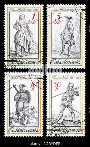 MOSKAU, RUSSLAND - 26. NOVEMBER 2017: Vier in der Tschechoslowakei gedruckte Briefmarken aus der Serie Alte Uniformen und Kostüme, um 1983 Stockfoto