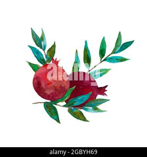 Original Aquarell-Komposition aus Granatblüten und Granatapfelfrüchten für Dekor, Hochzeitseinladungen, Geburtstagskarten Stockfoto