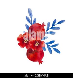 Original Aquarell-Komposition aus Granatblüten und Granatapfelfrüchten für Dekor, Hochzeitseinladungen, Geburtstagskarten Stockfoto