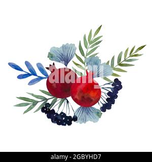 Original Aquarell-Komposition aus Granatblüten und Granatapfelfrüchten für Dekor, Hochzeitseinladungen, Geburtstagskarten Stockfoto