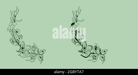 Umrissene handgezeichnete Blumengirlande, Zweig, Zweig, Leafs. Pflanzliche botanische natürliche Element in Doodle Stil Kranz, Kaplet, Kreis von Blumen Stock Vektor