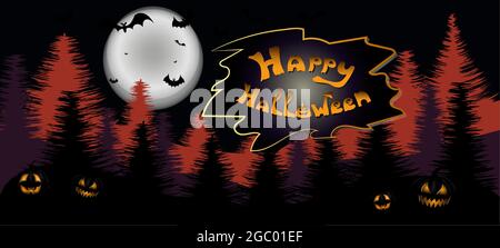 Fröhliches Halloween-Banner oder Party-Einladung. Hintergrund mit Nachtwald und Vollmond. Vektorgrafik Stock Vektor