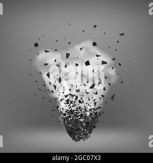 Explosion Wolke von schwarzen Stücken auf grauem Hintergrund. Scharfe Partikel fliegen zufällig in die Luft. Große Explosion Stock Vektor