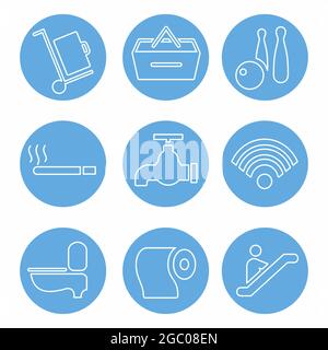 Vektorgrafik von Hotel und Restaurant Set Icon Teil 3 - Blau Monochrom Style - editierbarer Strich.Liniensymbol.Vektorsymbol.editierbarer Strich Stock Vektor