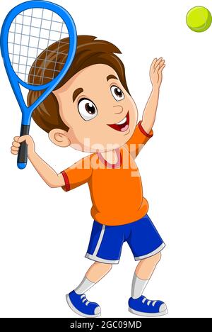 Cartoon kleiner Junge spielt Tennis Stock Vektor