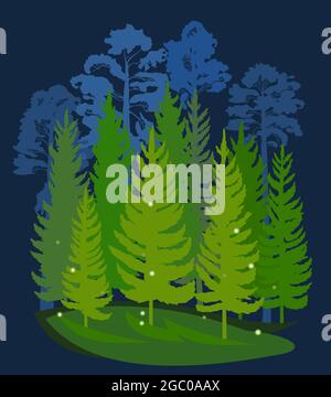 Forest Silhouette. Landschaft mit Nadelbäumen. Wunderschöne Aussicht bei Nacht. Kiefern- und Fichtenbäume. Sommer Naturlandschaft. Illustrationsvektor Stock Vektor