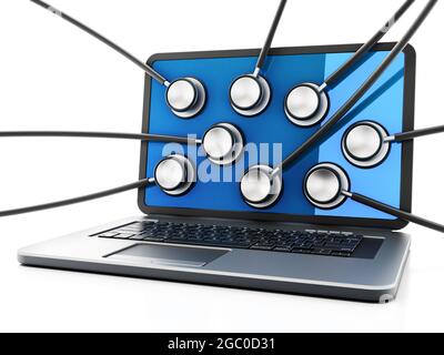 Stethoskope auf dem Bildschirm des Laptop-Computers. 3D-Illustration. Stockfoto