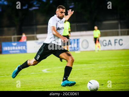 RIGA, LETTLAND. August 2021. Jake Grech, während der dritten Qualifikationsrunde der UEFA Europa Conference League zwischen DEM FC RIGA und den Hiberniern. Stockfoto