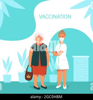 Der Arzt impft eine ältere Frau. Konzept der Impfung gegen Coronavirus. Vektor-Banner-Vorlage im flachen Stil Stock Vektor