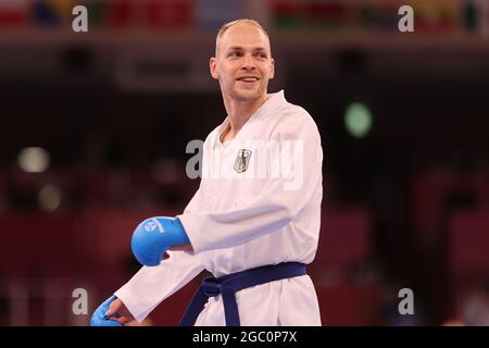 Tokio, Japan. August 2021. Karate: Olympia, Männer, Endrunde beim Nippon Budokan. Noah Bitsch aus Deutschland. Quelle: Jan Woitas/dpa/Alamy Live News Stockfoto