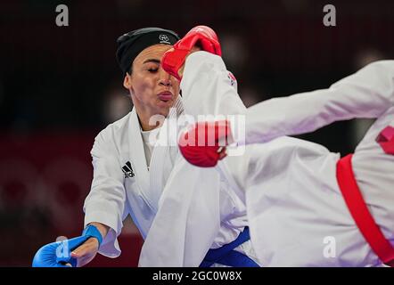 5. August 2021: Sara Bahmanyar und Tzuyun Wen während der Karate im Nippon Budokan, Olympiastadion in Tokio, Tokio, Japan}. Kim Price/CSM Stockfoto