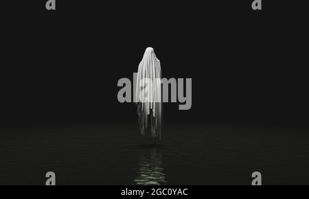 Böser Geist schweben über einem dunklen See. geist mit dunklem Körper. Gruselige Szene. halloween-Konzept. 3d-Rendering Stockfoto