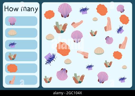 Kids mathematische Mini-Spiel - zählen, wie viele Meerestiere - soll, Anemone, Schwamm, Koralle. Pädagogische Spiele für Kinder. Cartoon Design Vorlage auf bunten Hintergrund. Vektorgrafik. Stock Vektor