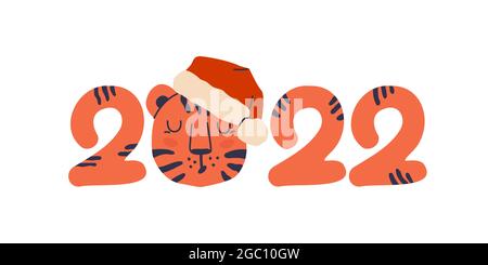 Niedlicher Tiger und Schriftzug New Year 2022. Symbol des chinesischen Neujahrs. Handgezeichnete Illustration für die Gestaltung. Isoliert auf weißem Hintergrund. EPS 10 Stock Vektor